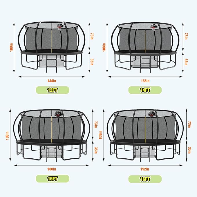 12 14 15 16FT Outdoor Trampolines for Kids and Adults, Pumpkin Trampolin with Curved Poles