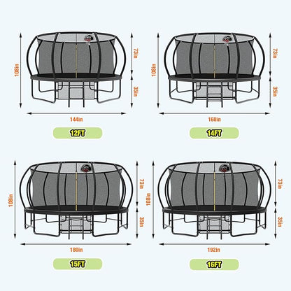 12 14 15 16FT Outdoor Trampolines for Kids and Adults, Pumpkin Trampolin with Curved Poles