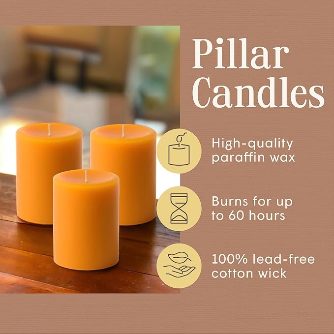 Mister Candle Dripless Unscented Orange Pillar Candles, Set of 3 Hand Poured Solid Color