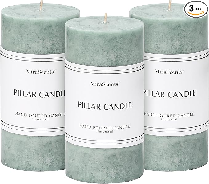 3x6 inch Green Pillar Candles Set of 3, Unscented Pillar Candle, Dripless and Smokeless Large