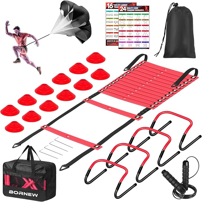 Soccer Training Equipment, Agility Speed Training Set with 20ft Speed Ladder, 12 Cones, 4
