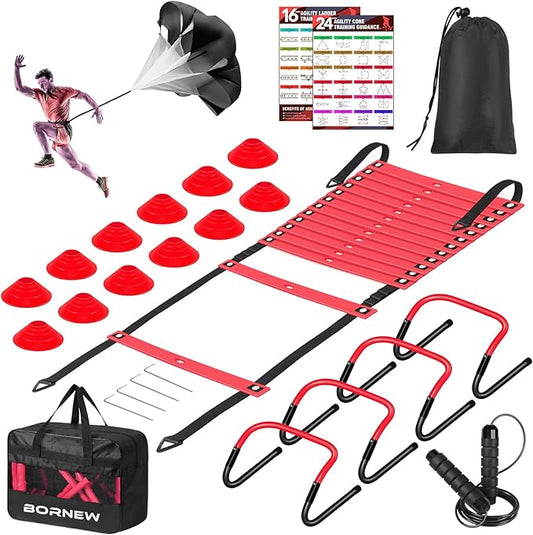 Soccer Training Equipment, Agility Speed Training Set with 20ft Speed Ladder, 12 Cones, 4