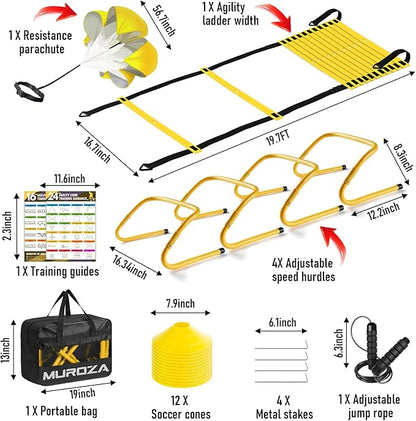 Agility Ladder, Speed Training Equipment Set, 20ft Agility Ladder, 12 Soccer Cones, 4 Hurdles, Jump