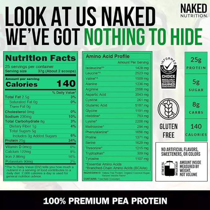 NAKED Vanilla Pea Protein Isolate from North American Farms, Only 3 Ingredients, Vanilla Vegan