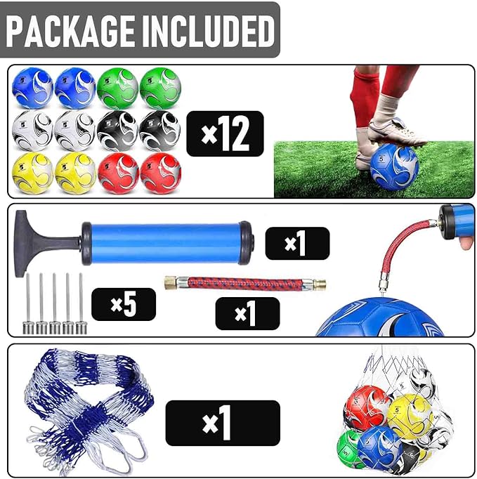 12-Pack Training Soccer Balls Size 5/4/3 with Pump – Bulk Deflated Balls for Teens and Adults