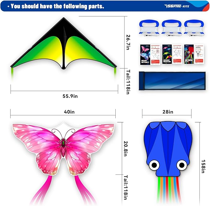 3 Piece Set Butterfly Delta and Octopus Kites for Boys and Girls, Beach Kites for Family Outdoor