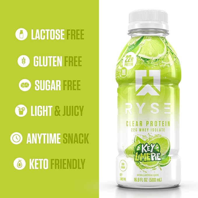 RYSE Clear Protein Shake - Key Lime Pie - 100 Calories, 22g Whey Isolate Protein, Sugar-Free, 0g
