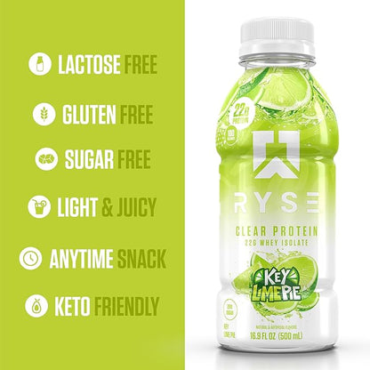 RYSE Clear Protein Shake - Key Lime Pie - 100 Calories, 22g Whey Isolate Protein, Sugar-Free, 0g