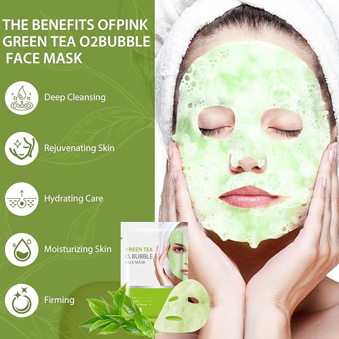 10 Sheets Face Masks Skincare O2 Bubble Green Tea Face Mask, Cleaner Bubble Sheet Masks Foaming