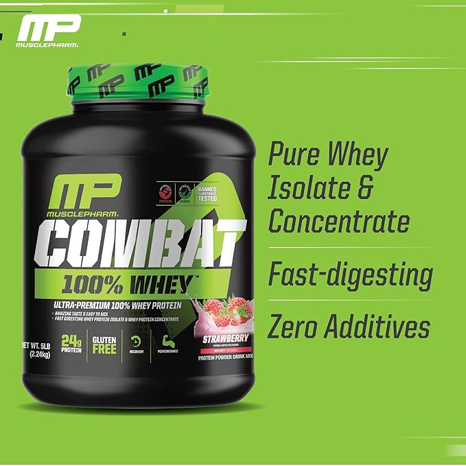 MusclePharm Combat 100% Whey Protein Powder, Strawberry Cream Flavor, Fast Recovery & Muscle Gain