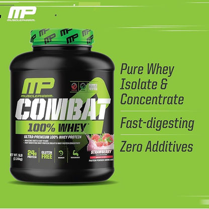 MusclePharm Combat 100% Whey Protein Powder, Strawberry Cream Flavor, Fast Recovery & Muscle Gain