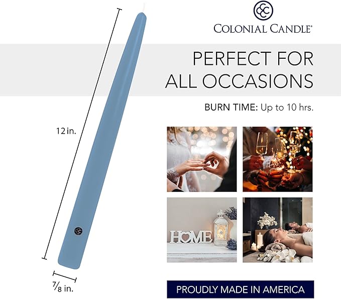 Colonial Candle Unscented Taper Candle, Handipt Collection, Wedgewood, 12 in, Pack of 12 - Up to 10