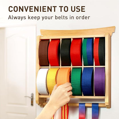 Tilhumt 12 Belts Karate Belt Display Rack with Trophy and Medal Display Rack, Taekwondo Belt