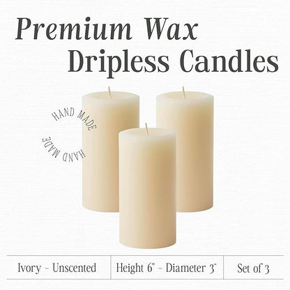 Mister Candle Dripless Unscented Ivory Pillar Candles Hand Poured, Solid Color Non-Scented Candles
