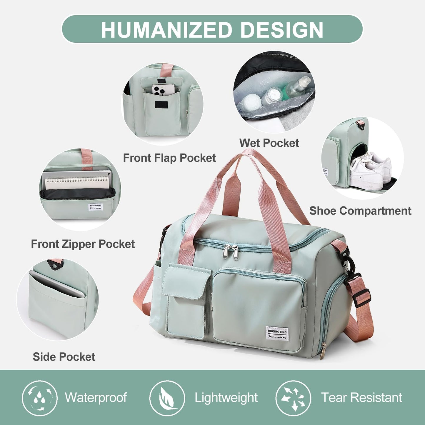 Small Gym Bag for Women, Travel Duffle Bag Carry On Weekender Bag with Shoe Compartment, 05#green