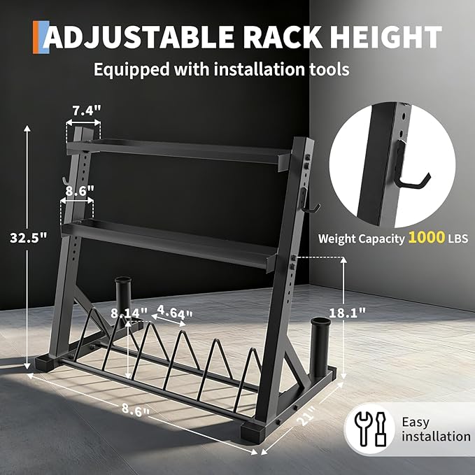 3 Tier Barbell Storage Racks,1000 LBS Capacity Adjustable Weight Rack for Dumbbell, Kettlebell