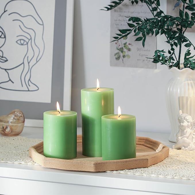 3x6 Inch Green Pillar Candles Set of 3 - Decorative Unscented Pillar Candle, Long Burning Dripless