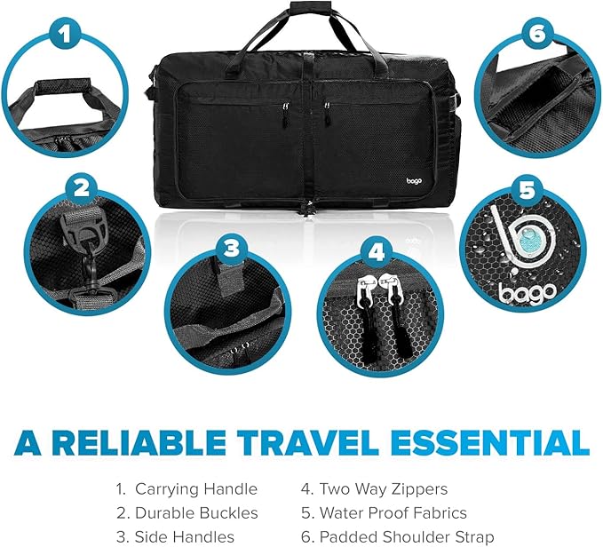 Bago Large Foldable Duffel Bags for Traveling Women & Men - 100L Packable Duffle Bag for Travel