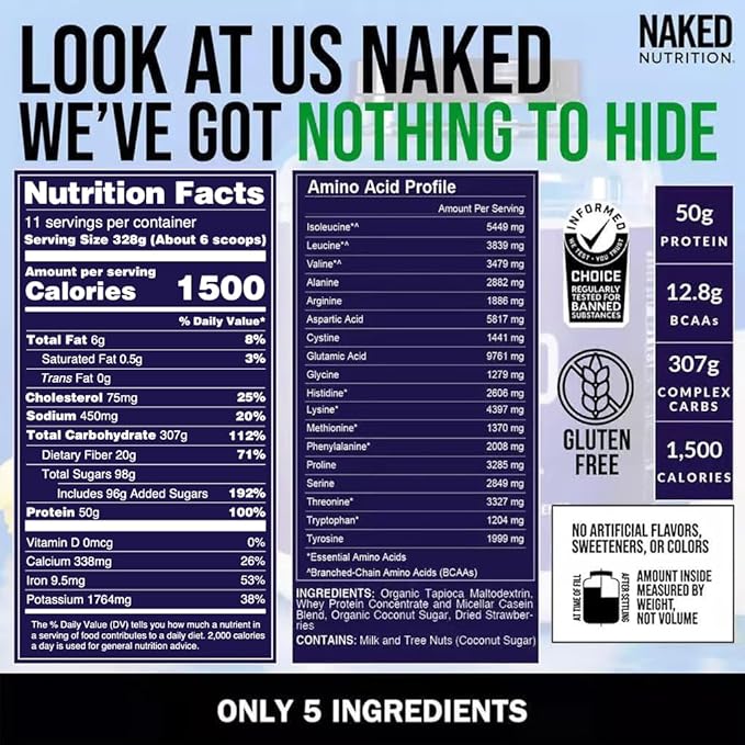 NAKED Strawberry Mass - 1,500 Calories, 50G Protein, Nothing Artificial. Strawberry Weight Gainer