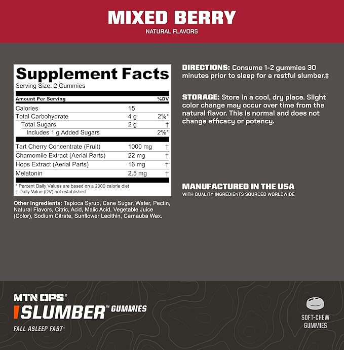 MTN OPS Slumber Sleep Gummies ??60 Servings, Tart Cherry 1000mg, Melatonin 2.5mg, Chamomile