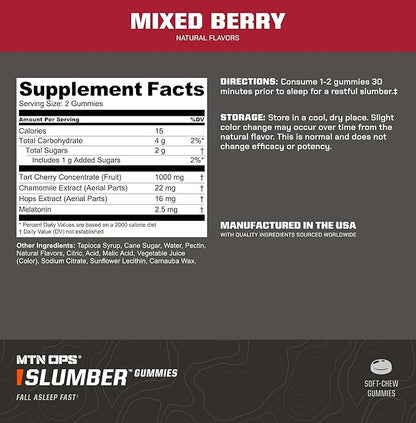 MTN OPS Slumber Sleep Gummies ??60 Servings, Tart Cherry 1000mg, Melatonin 2.5mg, Chamomile