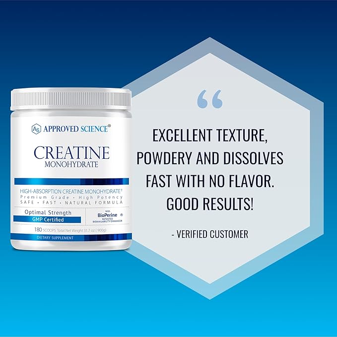 Approved Science Creatine Monohydrate Powder with BioPerine - Supports Lean Muscle Growth and
