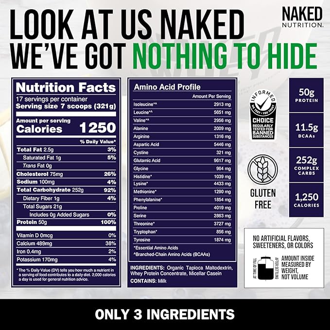 NAKED Mass - Natural Weight Gainer Protein Powder - 12LB Bulk, GMO Free, Gluten Free & Soy Free. No