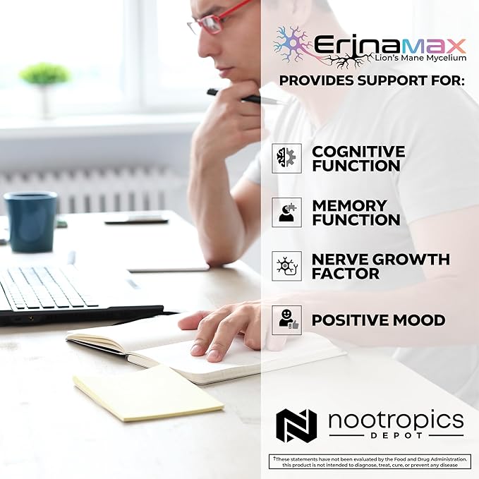 Nootropics Depot Erinamax Lion's Mane 500mg Capsules | Liquid Culture Mycelium | 2.5mg Erinacine A