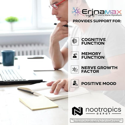 Nootropics Depot Erinamax Lion's Mane 500mg Capsules | Liquid Culture Mycelium | 2.5mg Erinacine A