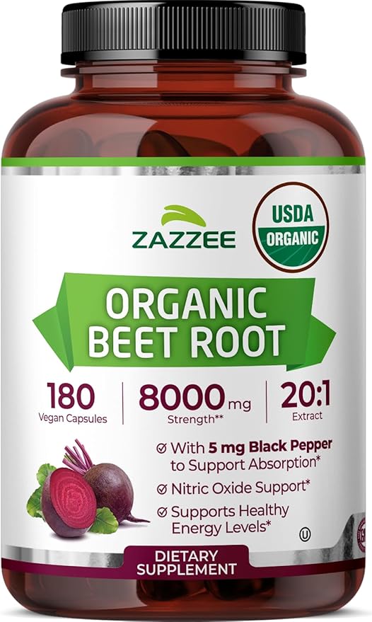 Zazzee USDA Organic Beet Root 8000 mg Strength 20:1 Extract, 180 Vegan Quick Release Capsules