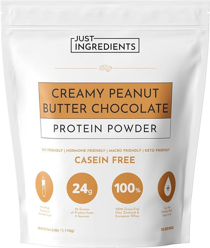 JUST INGREDIENTS Creamy Peanut Butter Chocolate Protein Powder ??30-ServingBlend with Grass-Fed