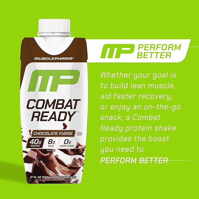 MusclePharm Combat Ready High Protein Shakes Ready to Drink, 40g Protein, 8g BCAAs, 8.7g Glutamine