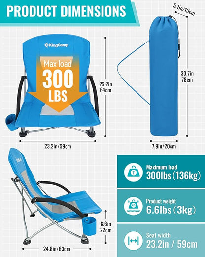 KingCamp Low Beach Chairs, Portable Folding Chair for Adults Extra Wide Ergonomic High Back Seat