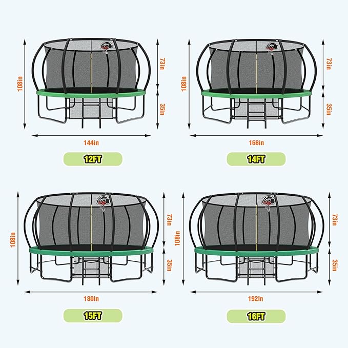12 14 15 16FT Outdoor Trampolines for Kids and Adults, Pumpkin Trampolin with Curved Poles