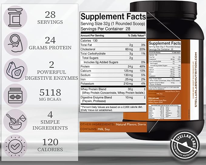 Stellar Labs Whey Protein Powder with BCAA's & Whey Isolate | Certified Low FODMAP, Non GMO, Gluten