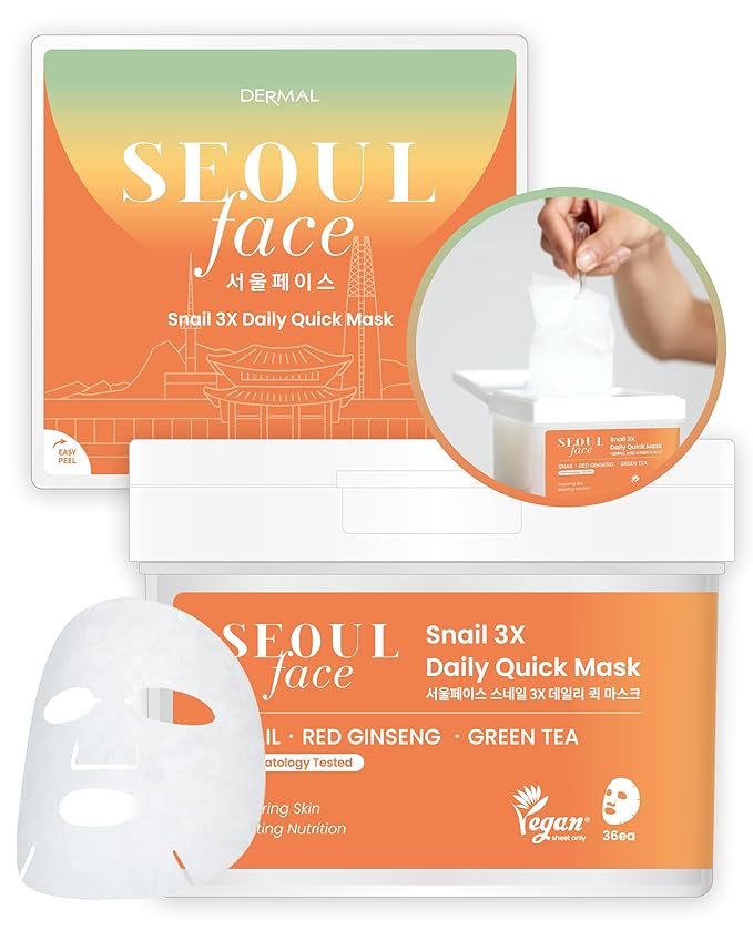 DERMAL Seoul Face Snail 3X Daily Quick Mask 36 Sheet ??Korean Skincare Vegan Tencel Facial Masks