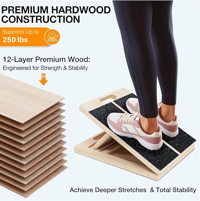 Professional Wooden Slant Board for Calf Stretching, Portable 5-Stretch Board for Knees, Non-Slip