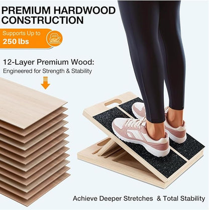 Professional Wooden Slant Board for Calf Stretching, Portable 5-Stretch Board for Knees, Non-Slip
