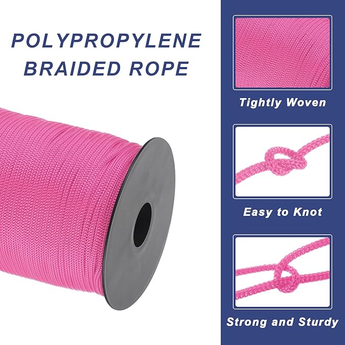 MECCANIXITY 1/8 Inch Polypropylene Rope Braided Ropes, 328ft Nylon Rope Hollow Utility Cord for