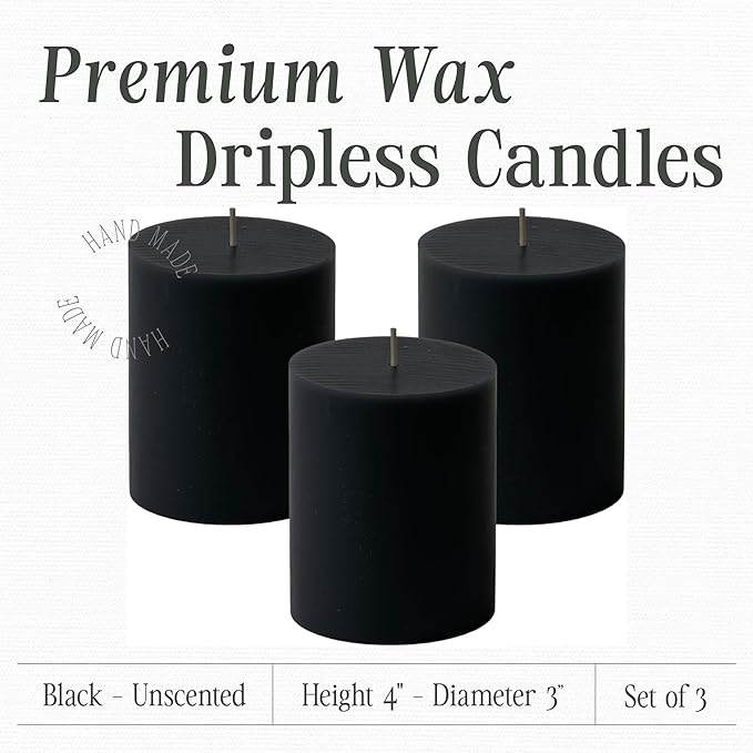Mister Candle Dripless Unscented Pillar Candles, Set of 3 Hand Poured Solid Color Non-Scented