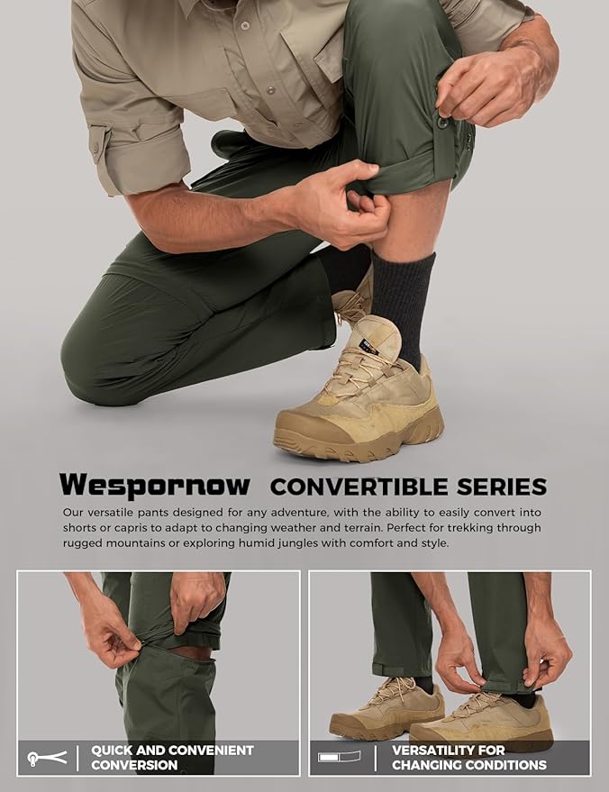Wespornow Men's-Convertible-Hiking-Pants Quick Dry Lightweight Zip Off Breathable Cargo Pants for