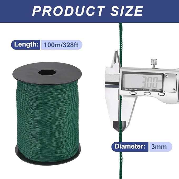 MECCANIXITY 1/8 Inch Polypropylene Rope Braided Ropes, 328ft Nylon Rope Hollow Utility Cord for