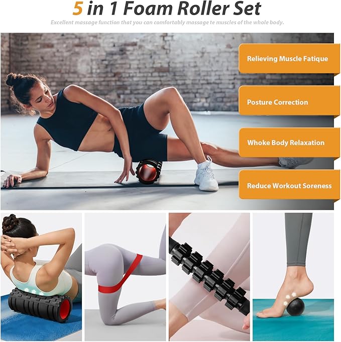 5 in1 Foam Roller Set, Trigger Point Foam Roller, Massage Roller Stick, Massage Ball, Resistance