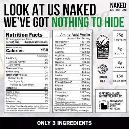 NAKED Vanilla Whey Protein 1Lb, Only 3 Ingredients, All Natural Grass Fed Whey Protein Powder +