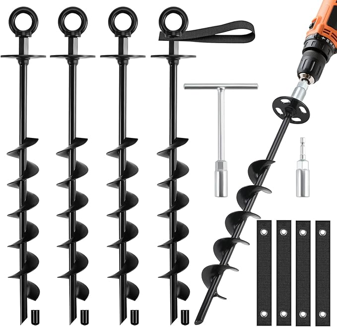 Ground Anchors Screw in - Heavy Duty Trampoline Anchors/Stakes for High Wind, 4 Pack Earth Anchor