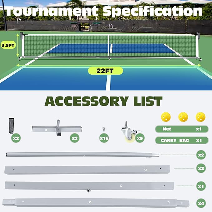 Pro Pickleball Net Portable with Wheels – 22ft Heavy Duty Pickleball Net System with Sturdy