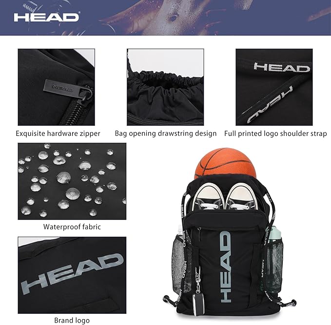 HEAD Waterproof Gym Sackpack for Sport with 2 Zipper Pockets, Large Drawstring Backpacks for Men