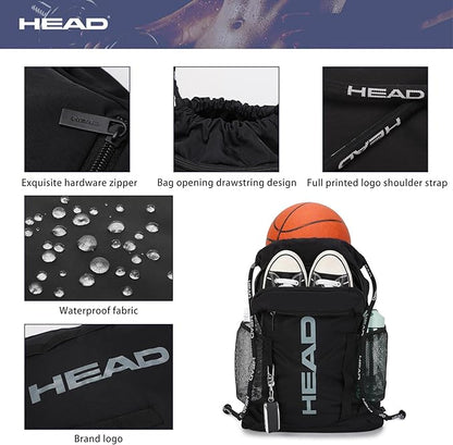 HEAD Waterproof Gym Sackpack for Sport with 2 Zipper Pockets, Large Drawstring Backpacks for Men