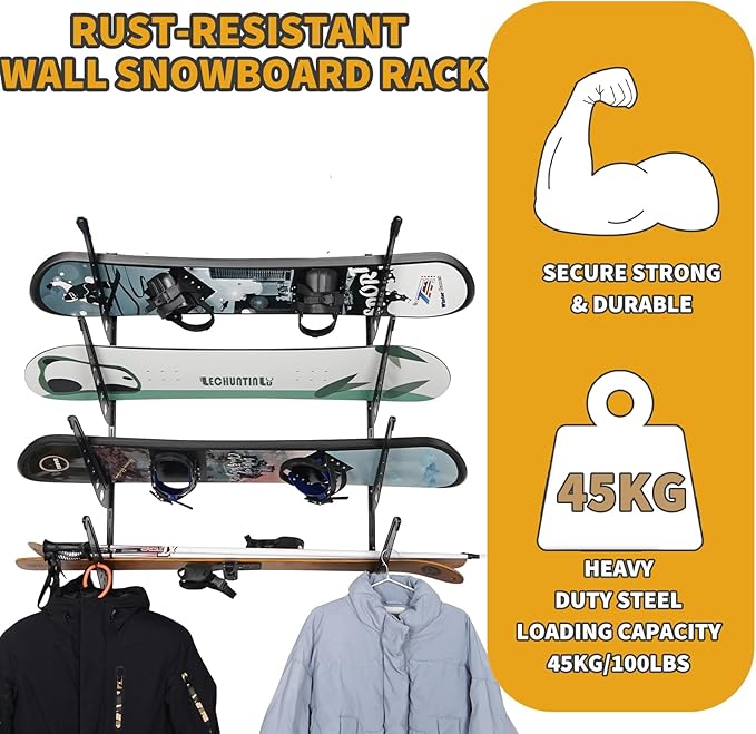4 Board Snowboard Wall Racks, Adjustable Storage Rack for Ski, Surfboard, Wakeboard, Snowboard Wall
