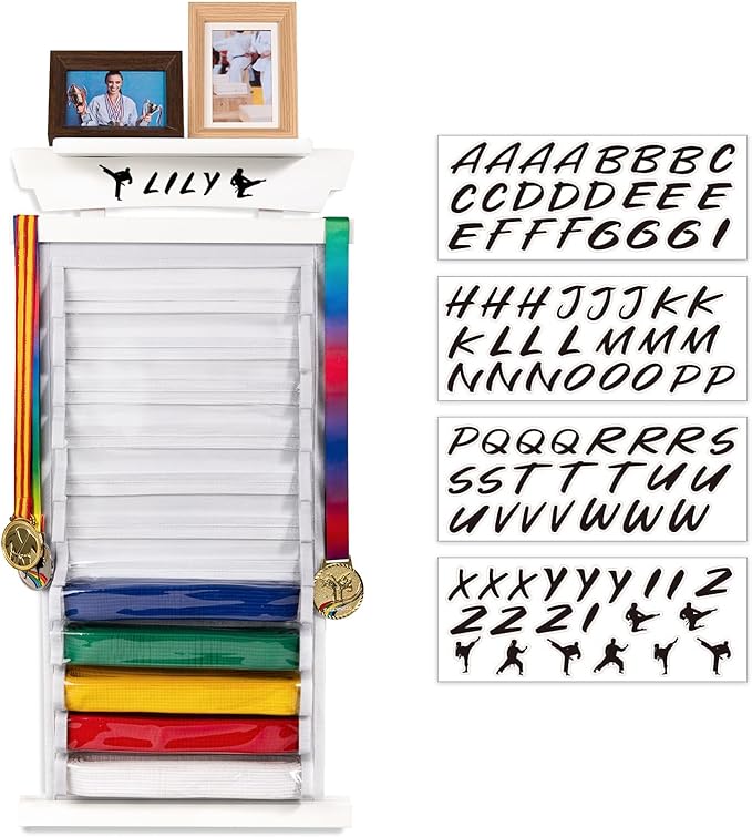 Tilhumt 12/10 Belts Karate Belt Display Rack with Stickers, Taekwondo Belt Display with